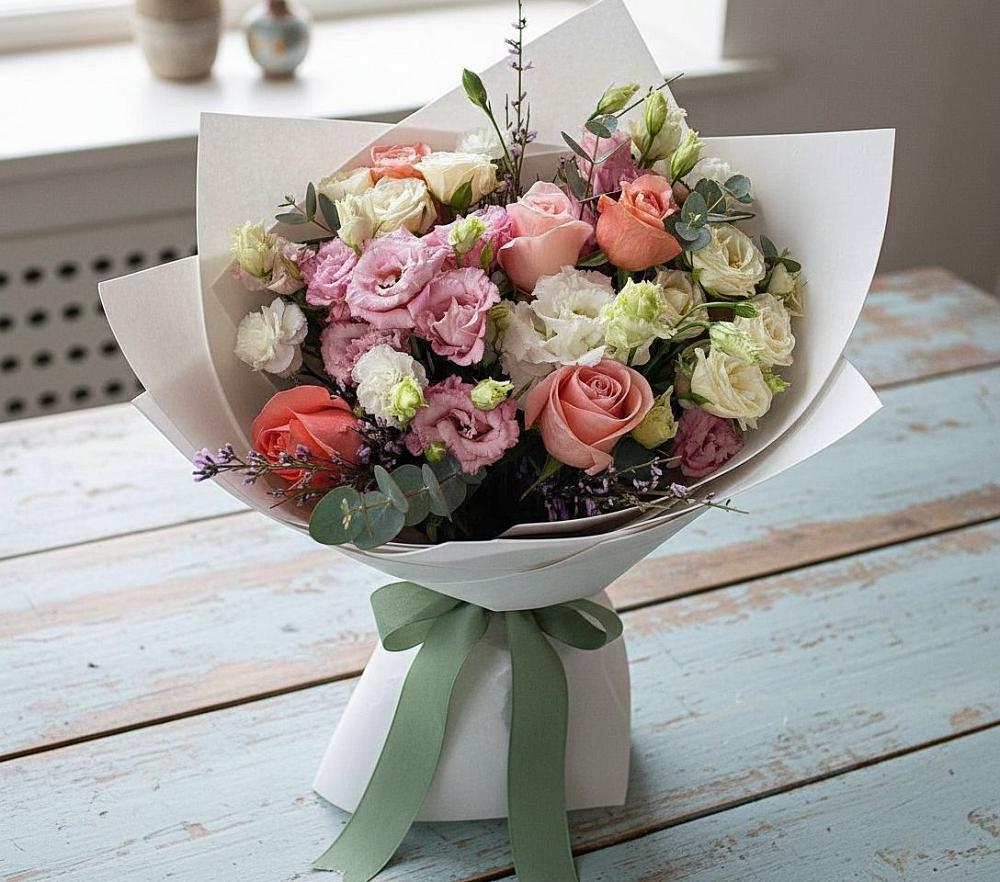 Букет цветов из: Розы, Лизиантусы и Гвоздики в Михайловке Иркутской области