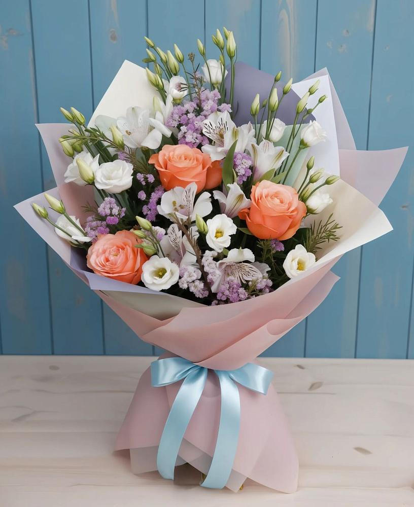 Букет цветов из: Лизиантусы, Розы, Альстромерии и Гипсофила в Михайловке Иркутской области
